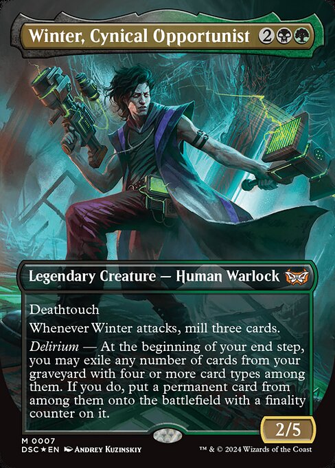 Winter, Cynical Opportunist (Borderless) - Commander: Duskmourn: House of Horror